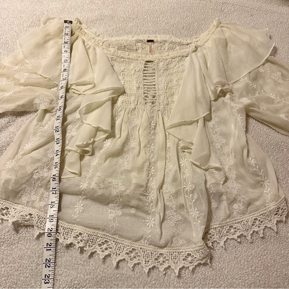 Free People Cream Lace Peasant Blouse with Ruffled Shoulders - Picture 7 of 16